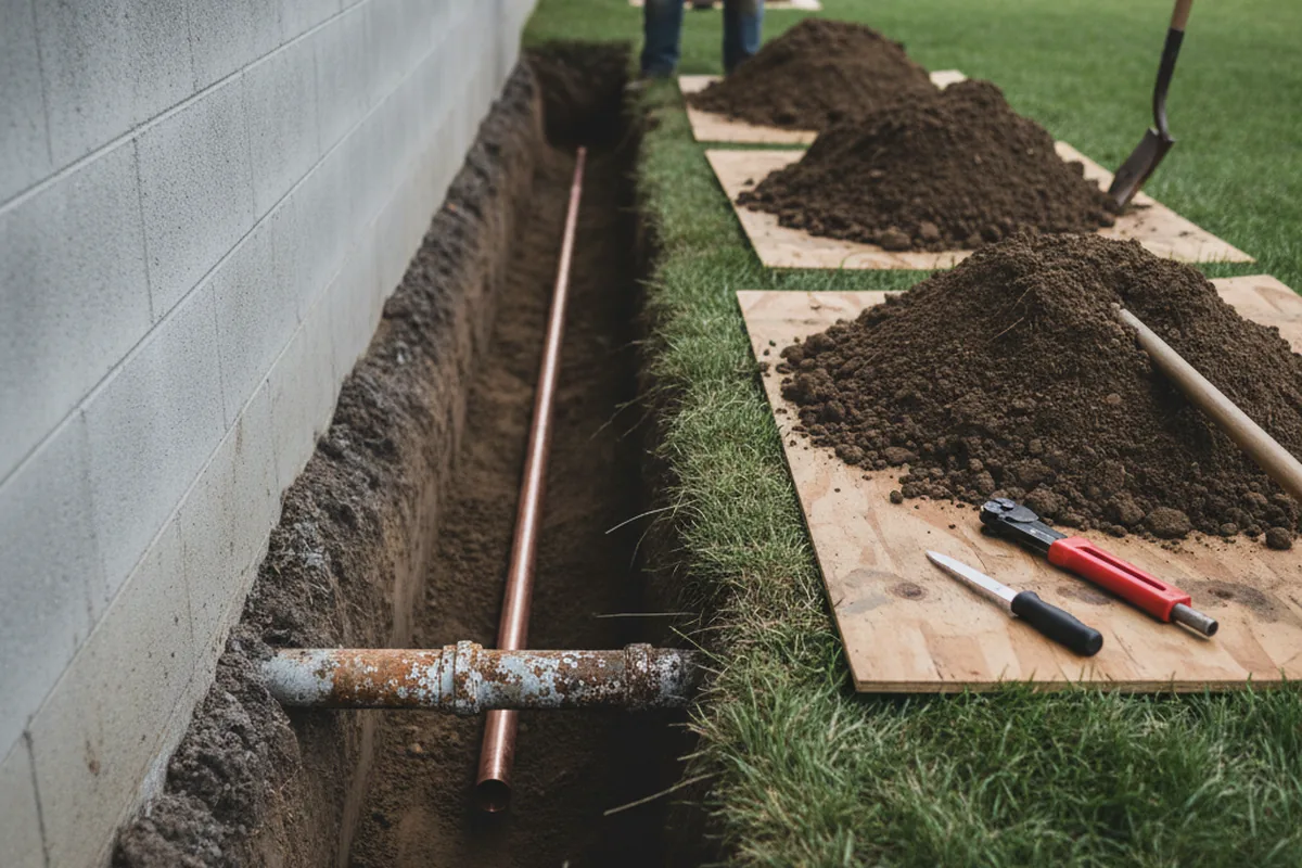 Excavated water line trench during Sewer Line Repair in Hubbard